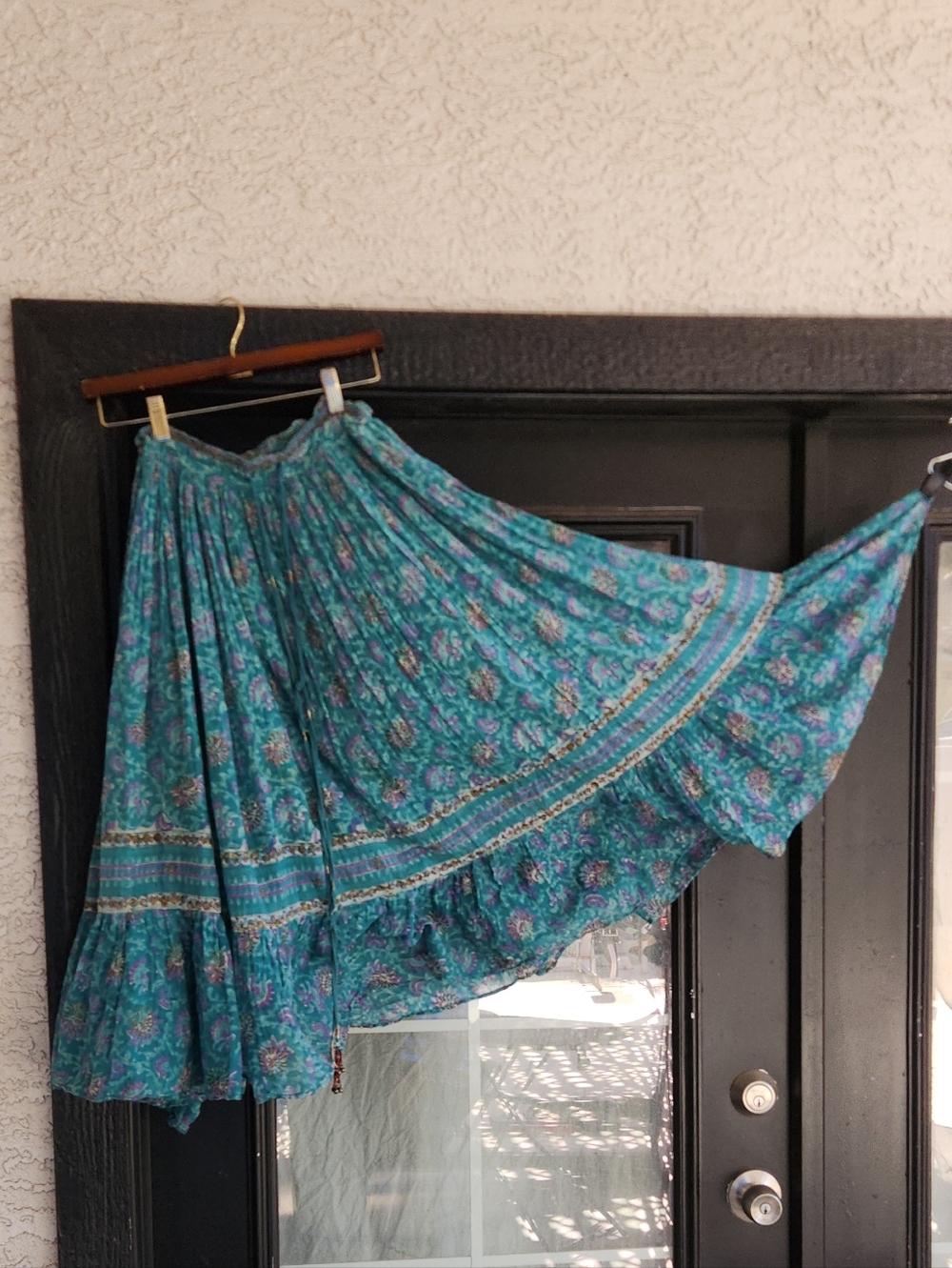 Vintage Guze Boho Teal Floral Maxi Skirt with Drawstring Waist - Picture 3 of 7